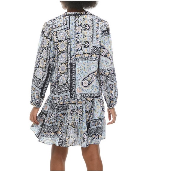 Emma & Michele Long Sleeve Paisley Dress - Black, Blue, Cream - Picture 3 of 9